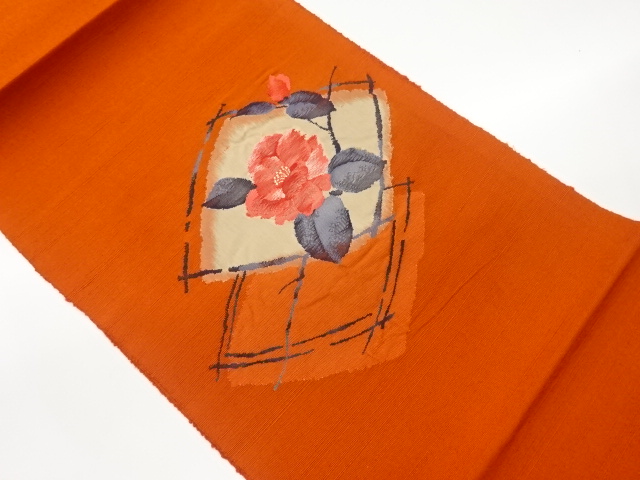 手織り紬薔薇に菱模様織出し名古屋帯